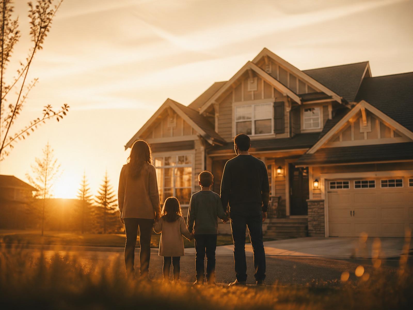 A family looking at their new home at golden hour in Calgary